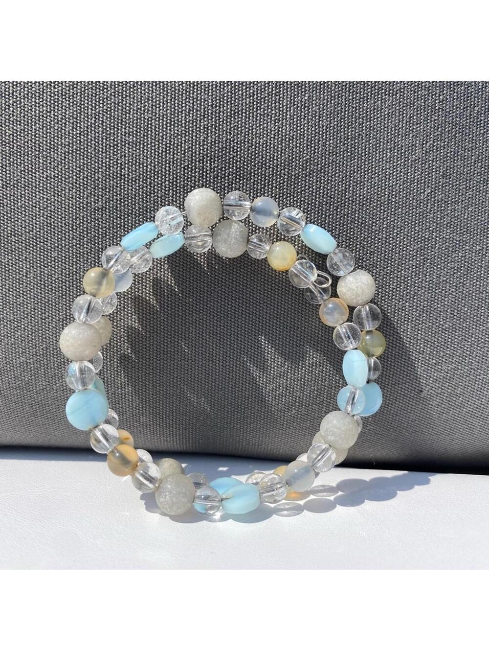 Blue Moonstone and White Crystal Beaded Stretch Bracelet